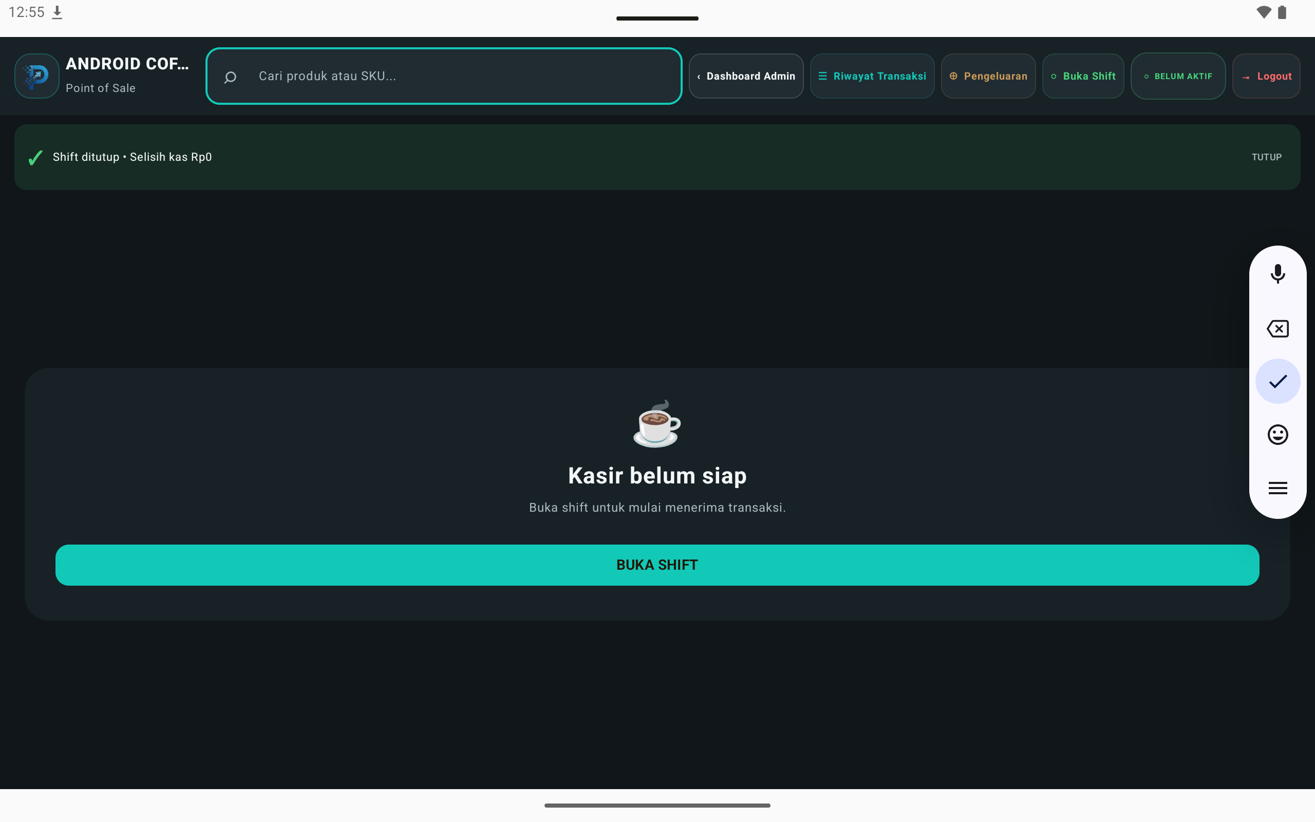 Kopi Shop POS Android terbuka pada halaman kasir setelah instalasi.