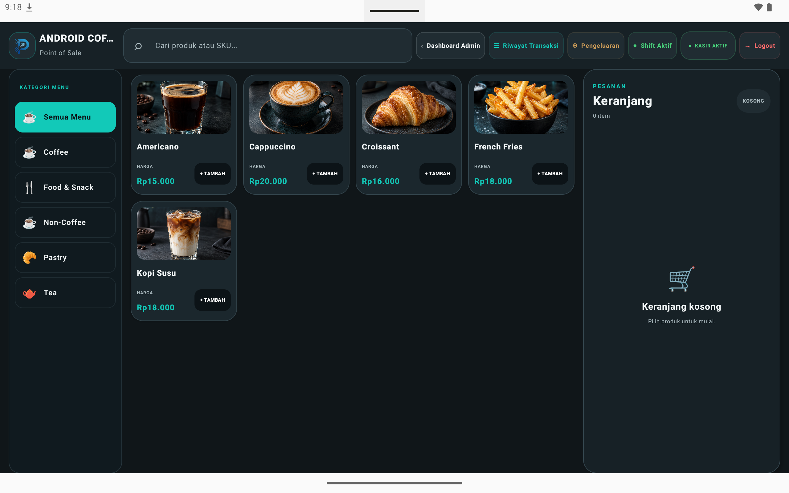 Tampilan halaman kasir Kopi Shop POS dengan kategori dan daftar produk.