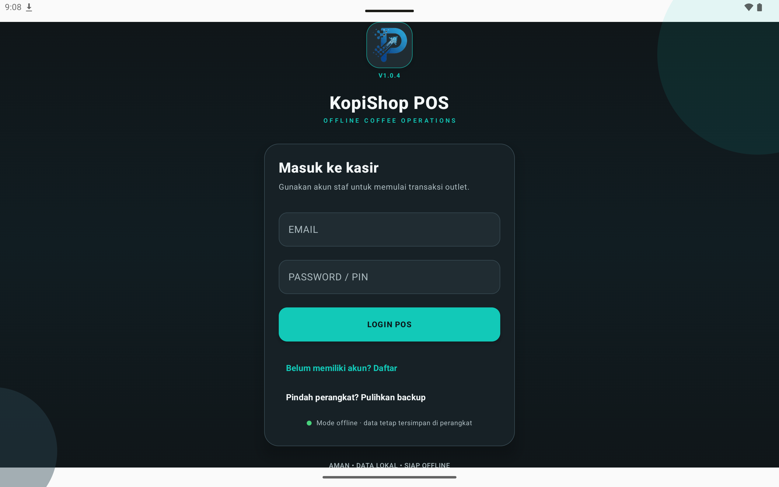 Halaman login kasir Kopi Shop POS Android versi 1.0.4.