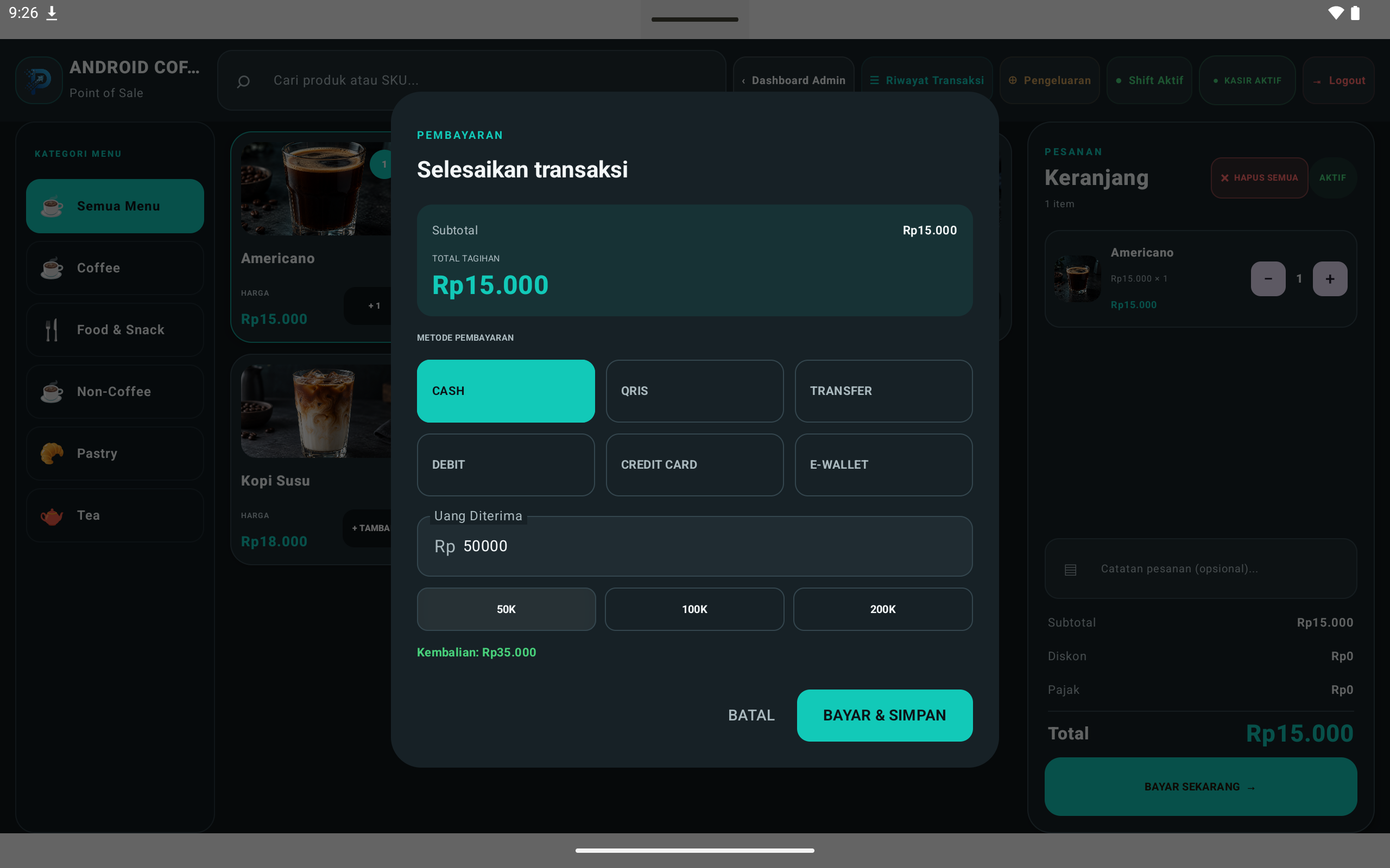 Dialog pembayaran tunai Kopi Shop POS Android dengan nominal diterima dan kembalian.
