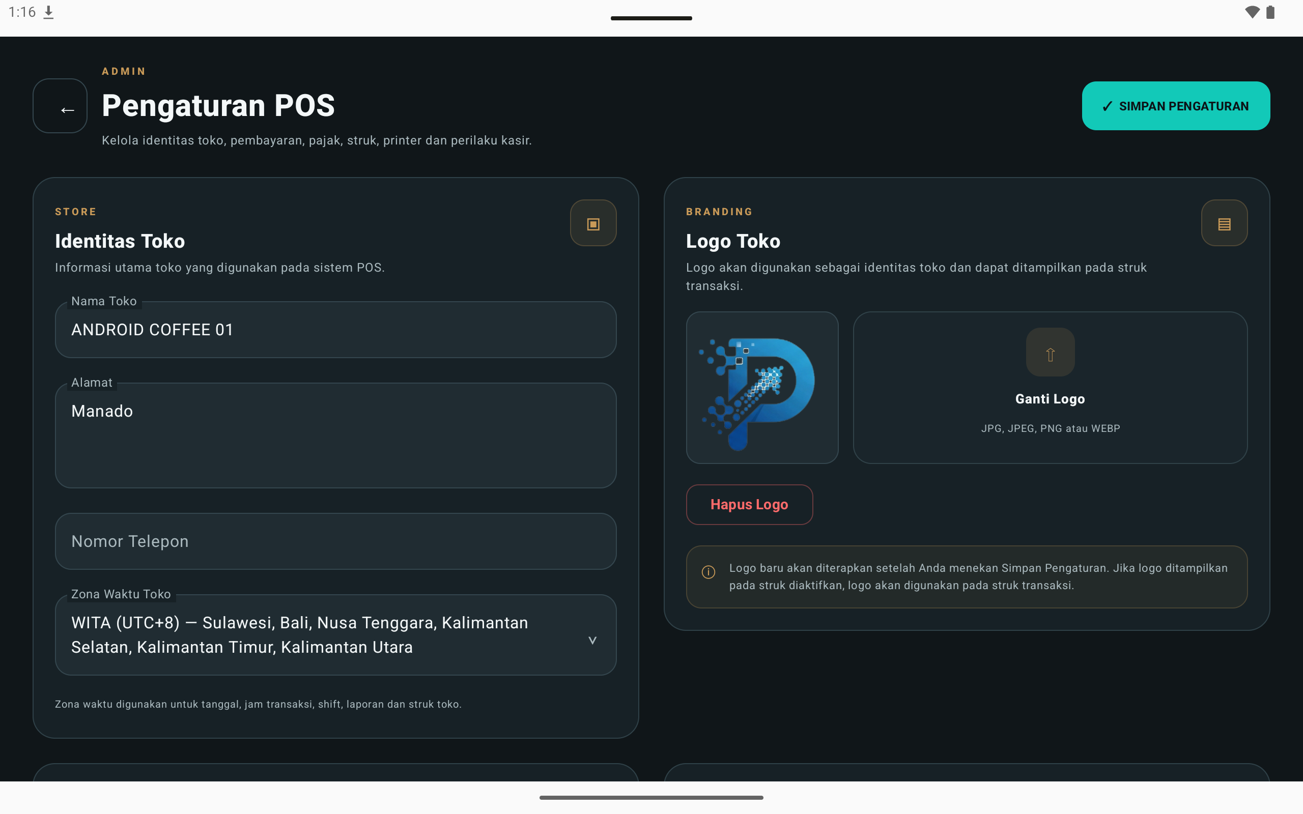 Halaman pengaturan POS Kopi Shop POS Android untuk identitas toko dan logo.