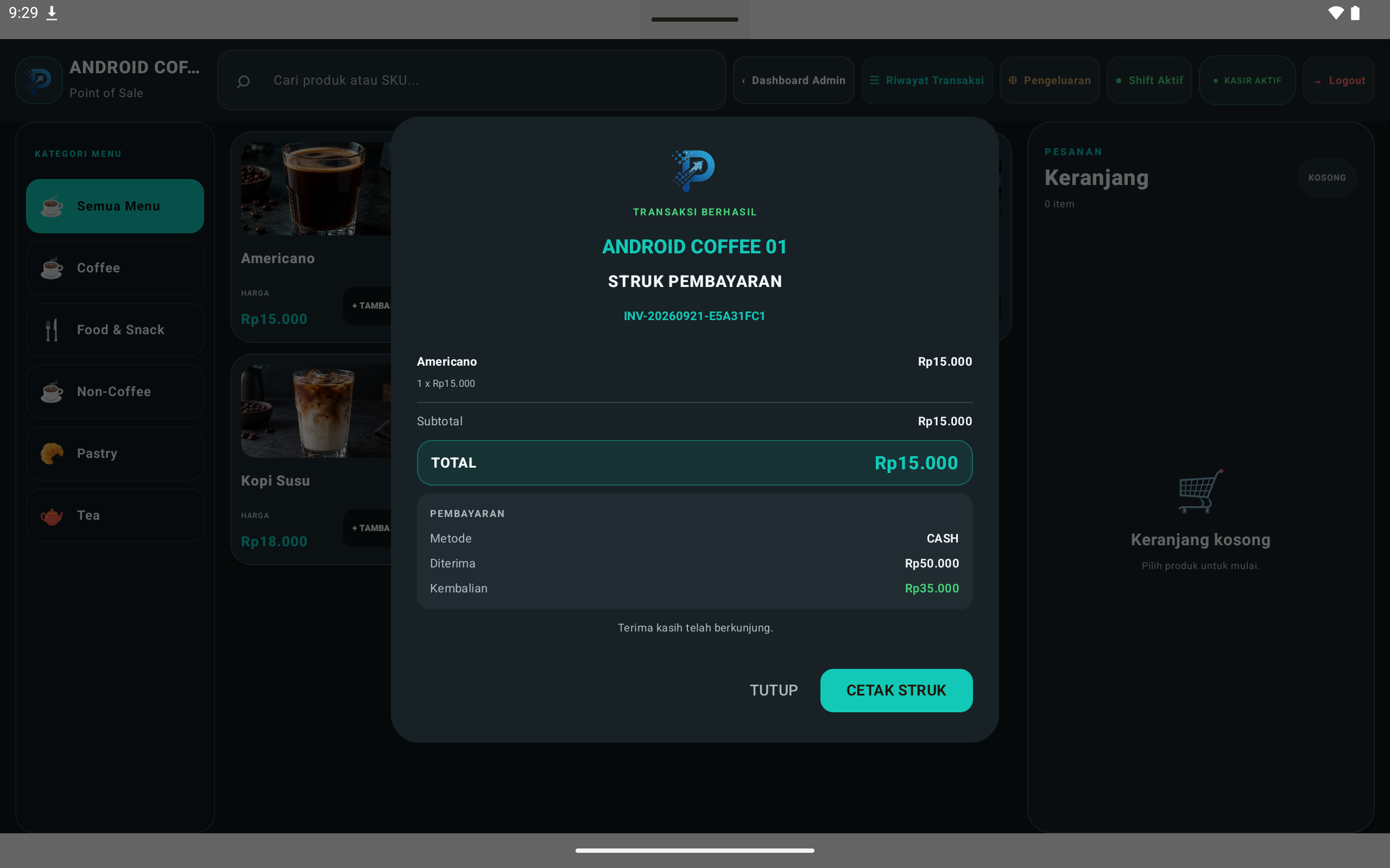 Halaman struk Kopi Shop POS yang menampilkan ringkasan transaksi dan tombol cetak.