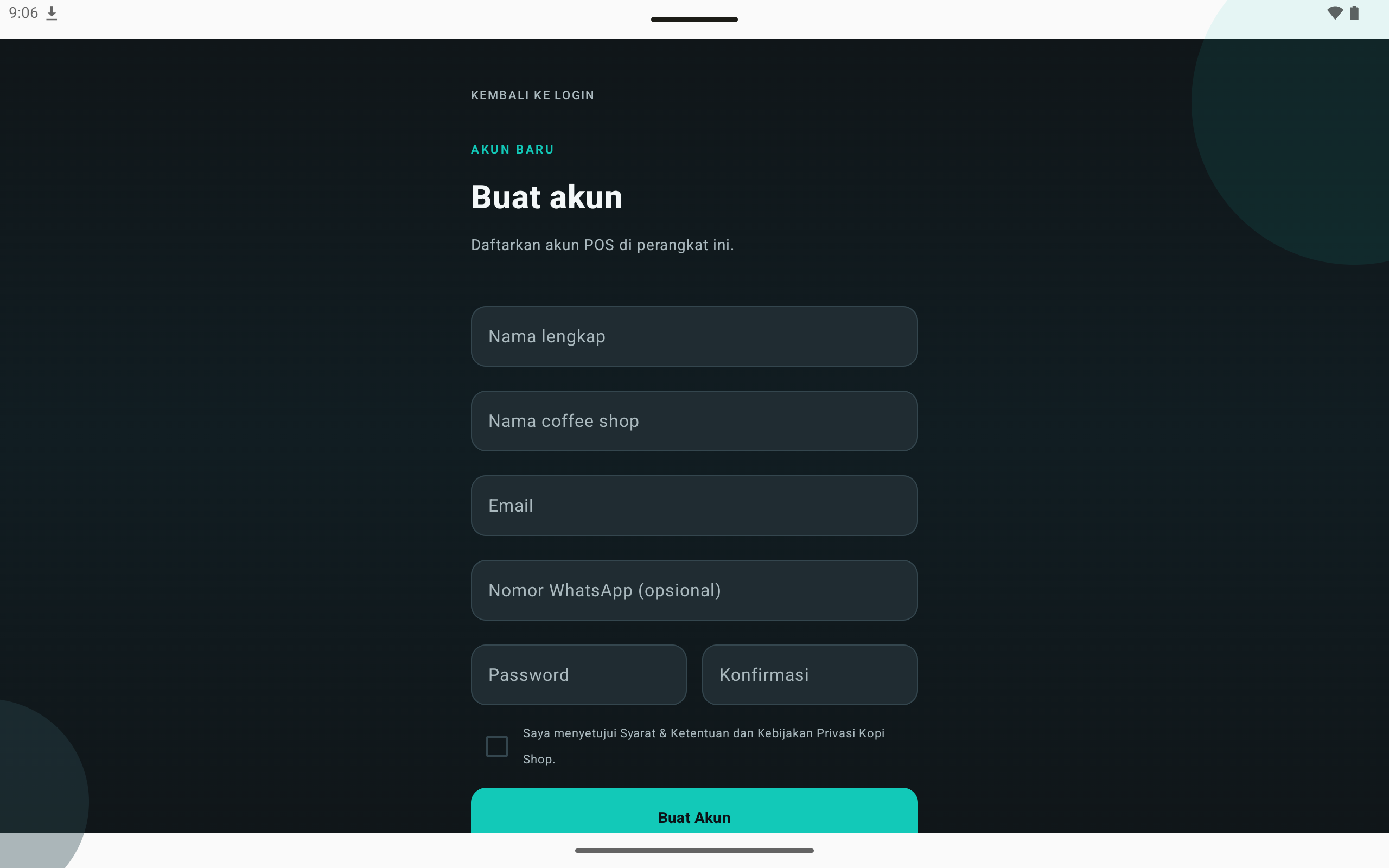 Form pendaftaran akun baru Kopi Shop POS Android dengan data toko dan akun kasir.
