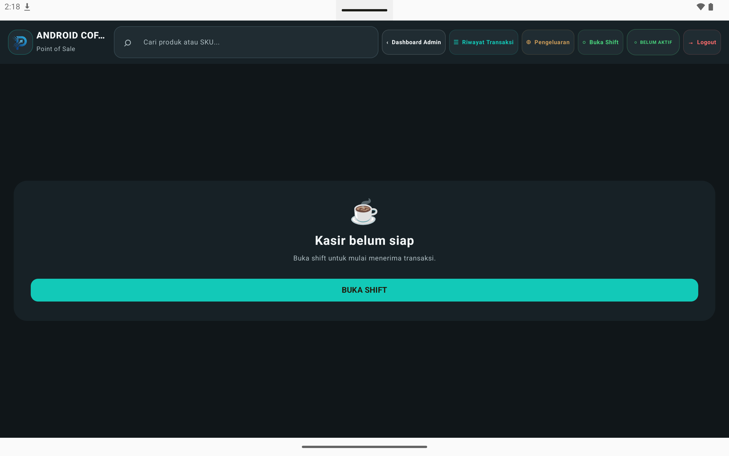 Halaman kasir Kopi Shop POS Android saat shift belum dibuka dengan tombol BUKA SHIFT.