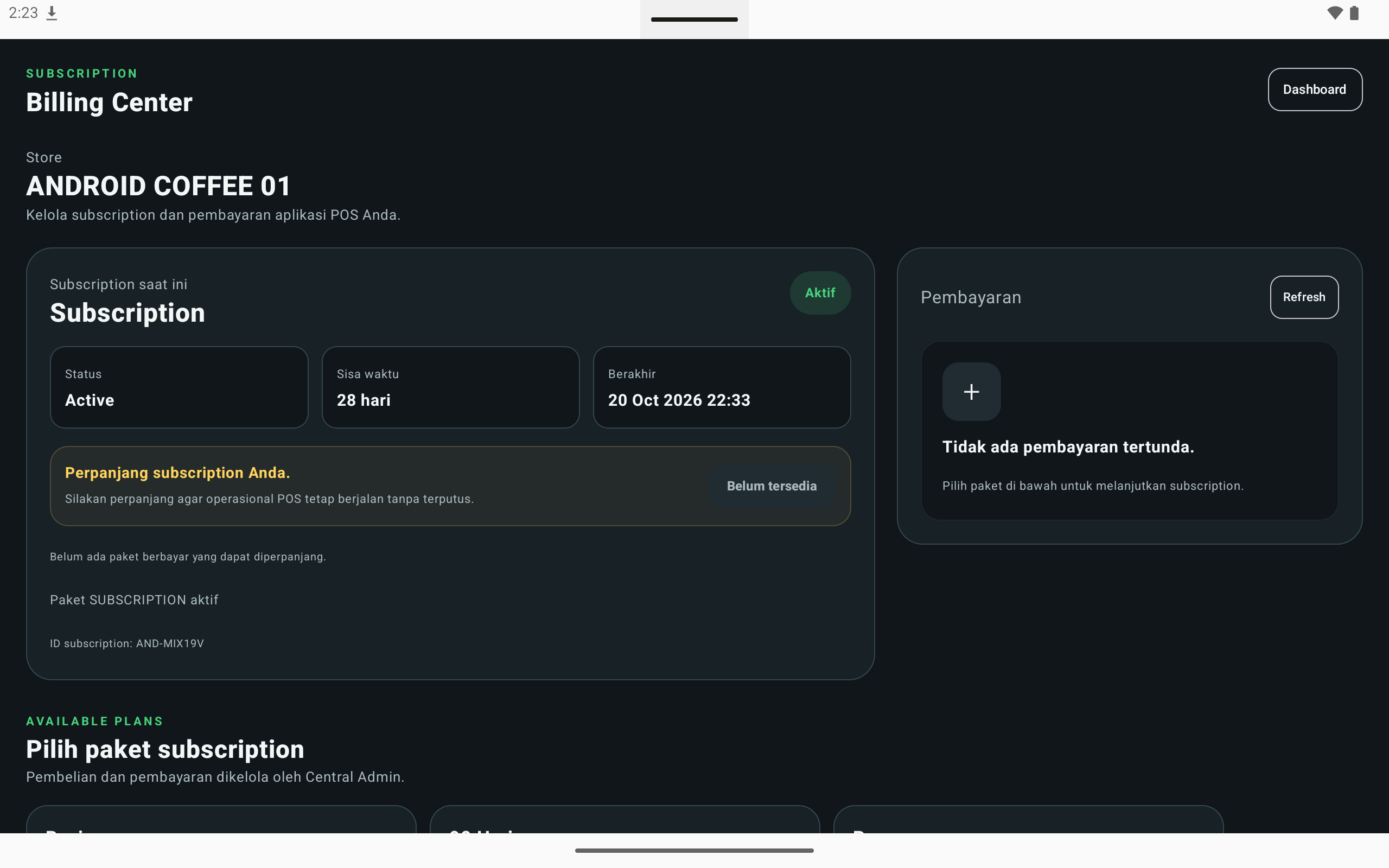Billing Center Kopi Shop POS Android yang menampilkan status subscription dan paket.
