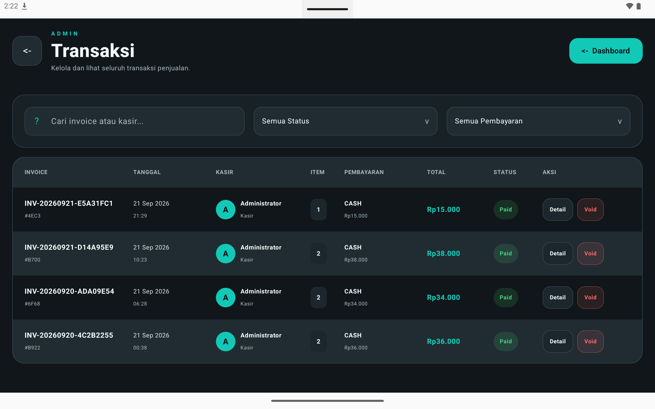Daftar riwayat transaksi POS Android dengan invoice, kasir, pembayaran, total, dan status.