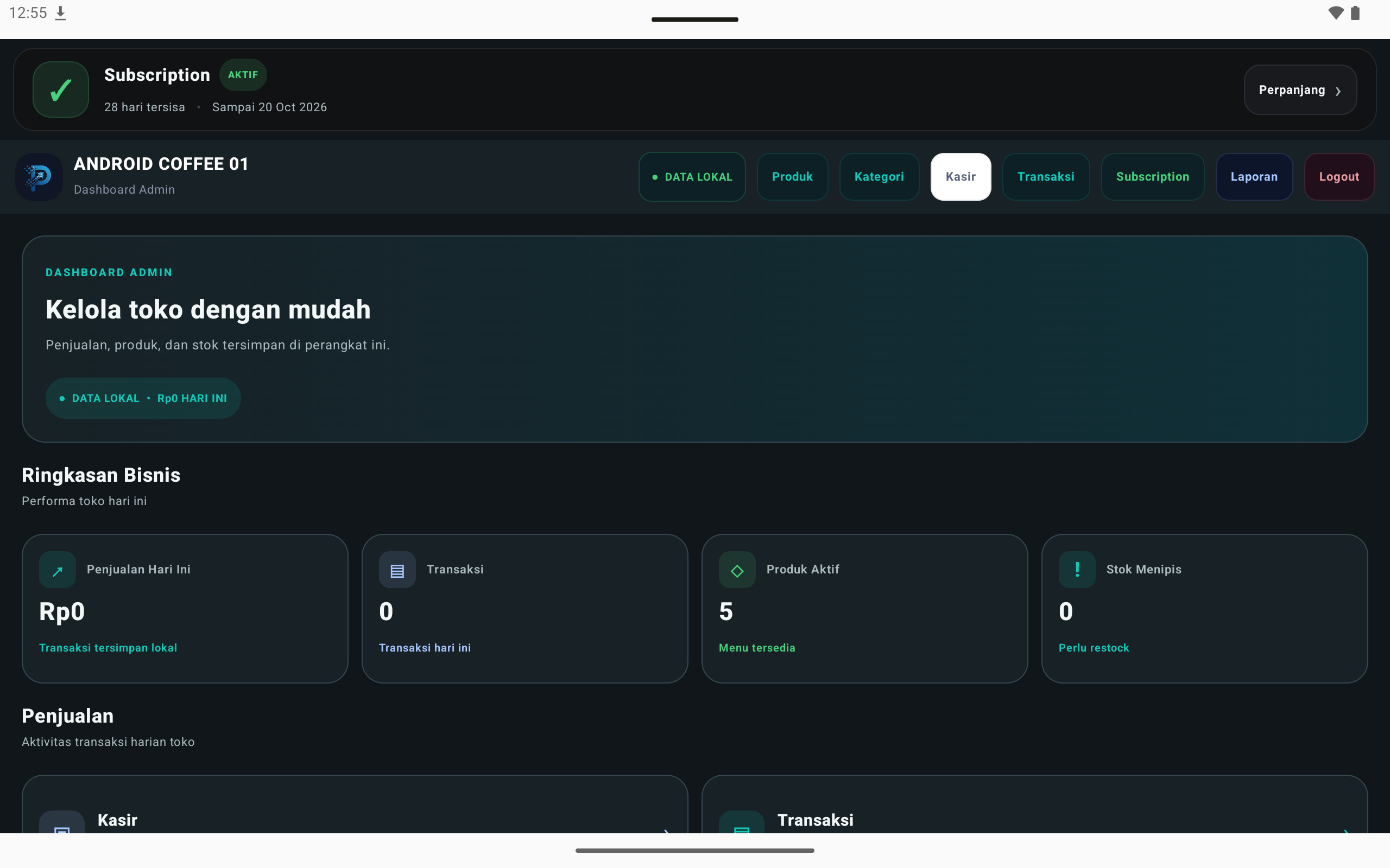 Dashboard Kopi Shop POS Android dengan ringkasan operasional toko dan shift kasir.