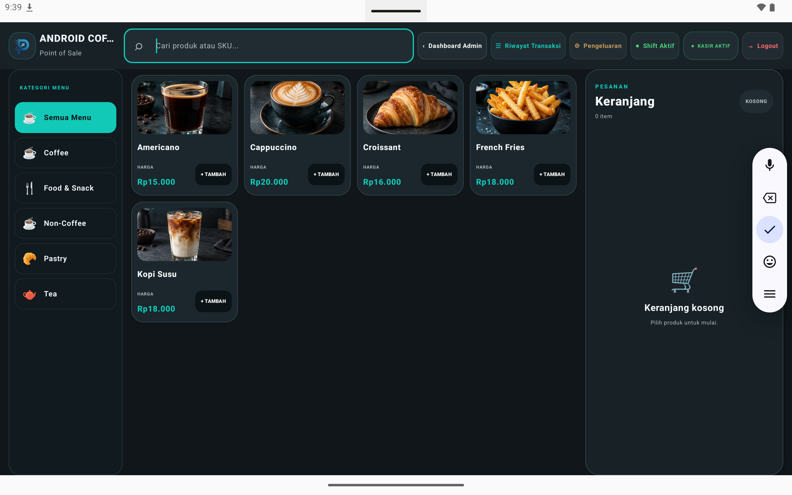 Laporan penjualan Kopi Shop POS Android dengan omzet, HPP, laba kotor, dan transaksi.
