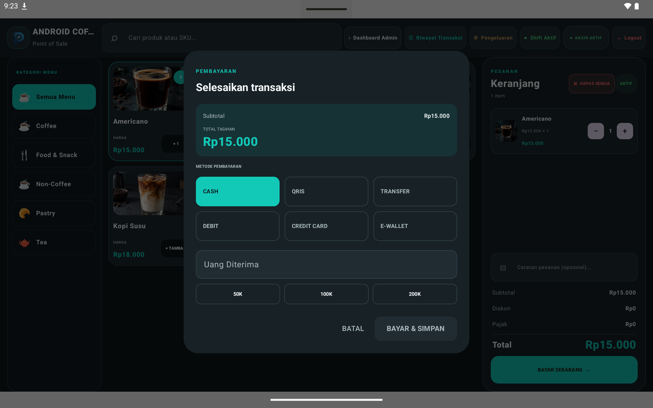 Dialog pembayaran Kopi Shop POS Android dengan pilihan metode pembayaran toko.