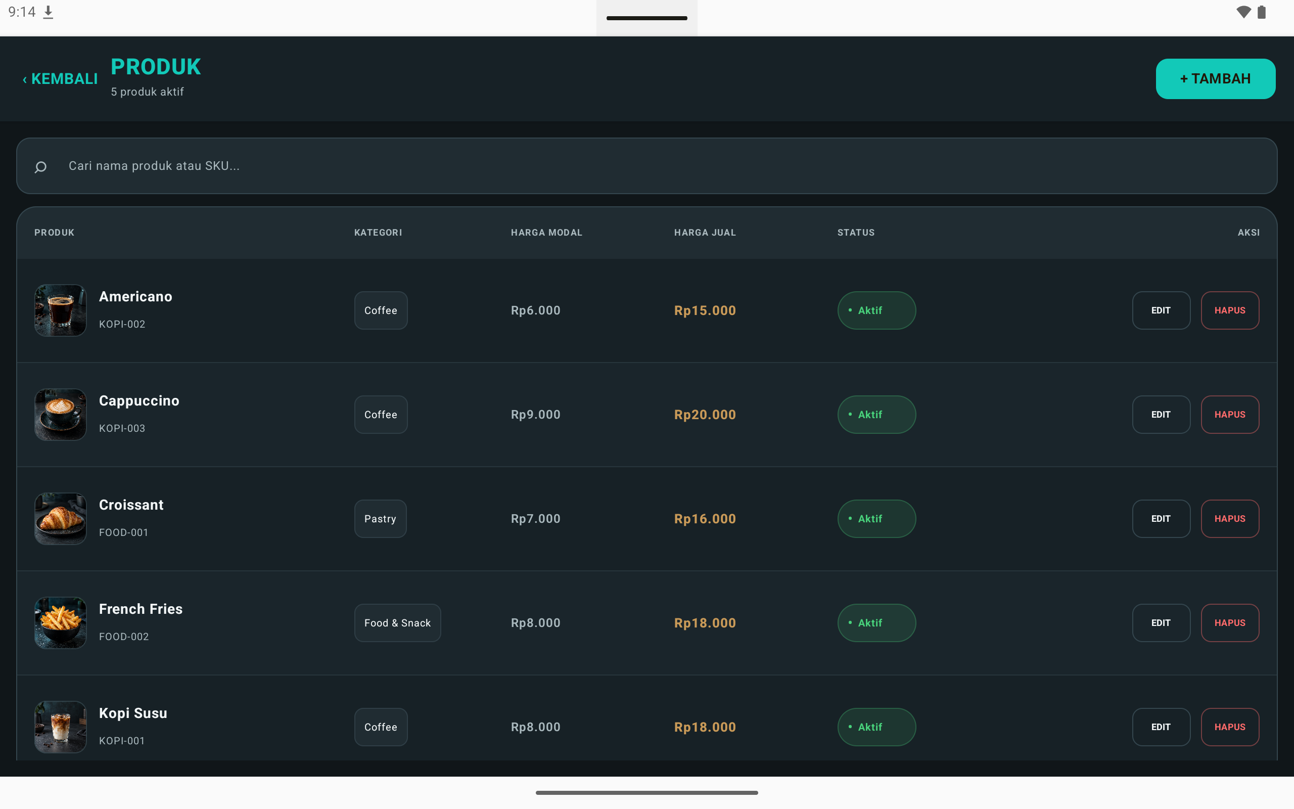 Daftar produk Kopi Shop POS Android dengan kategori, harga, dan status aktif.